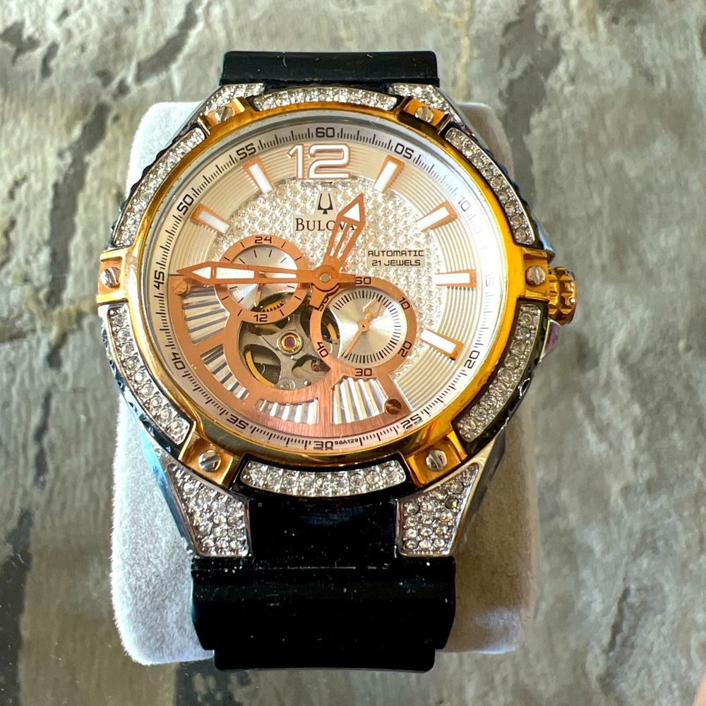Men's Bulova Automatic Crystal Accent Two-Tone Strap Watch with Silver-T…